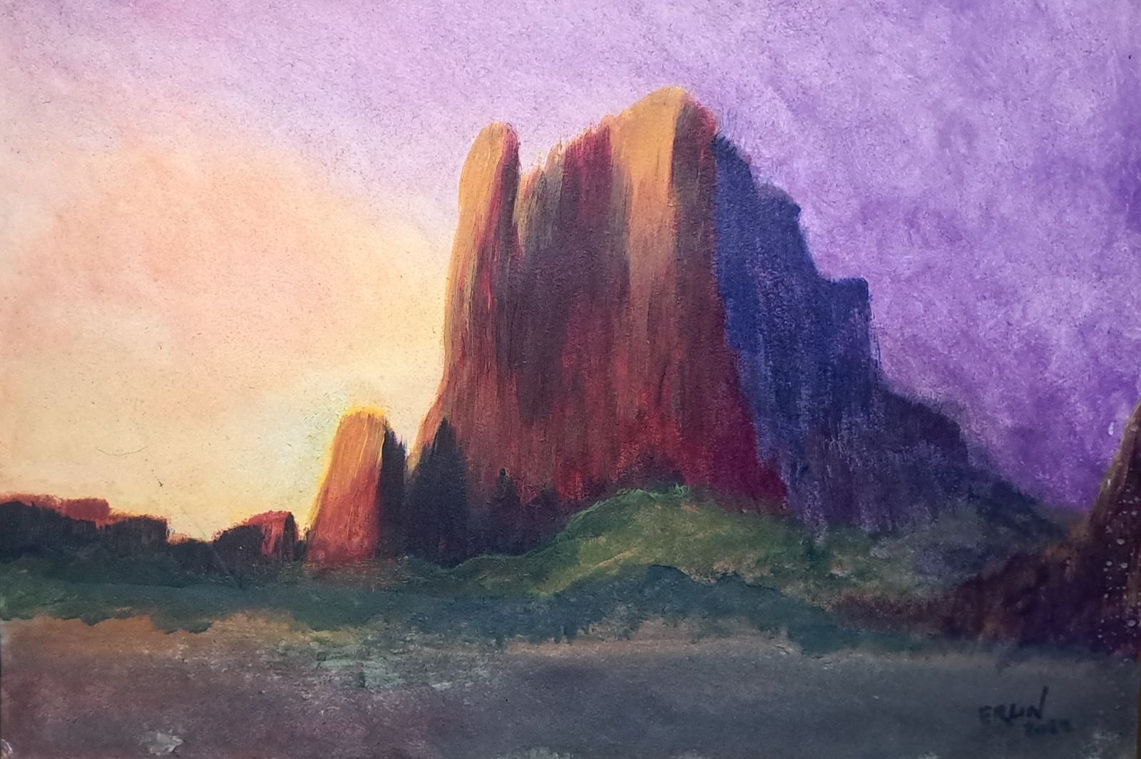 Pastel painting of desert rock spires glowing at dusk under a purple sky