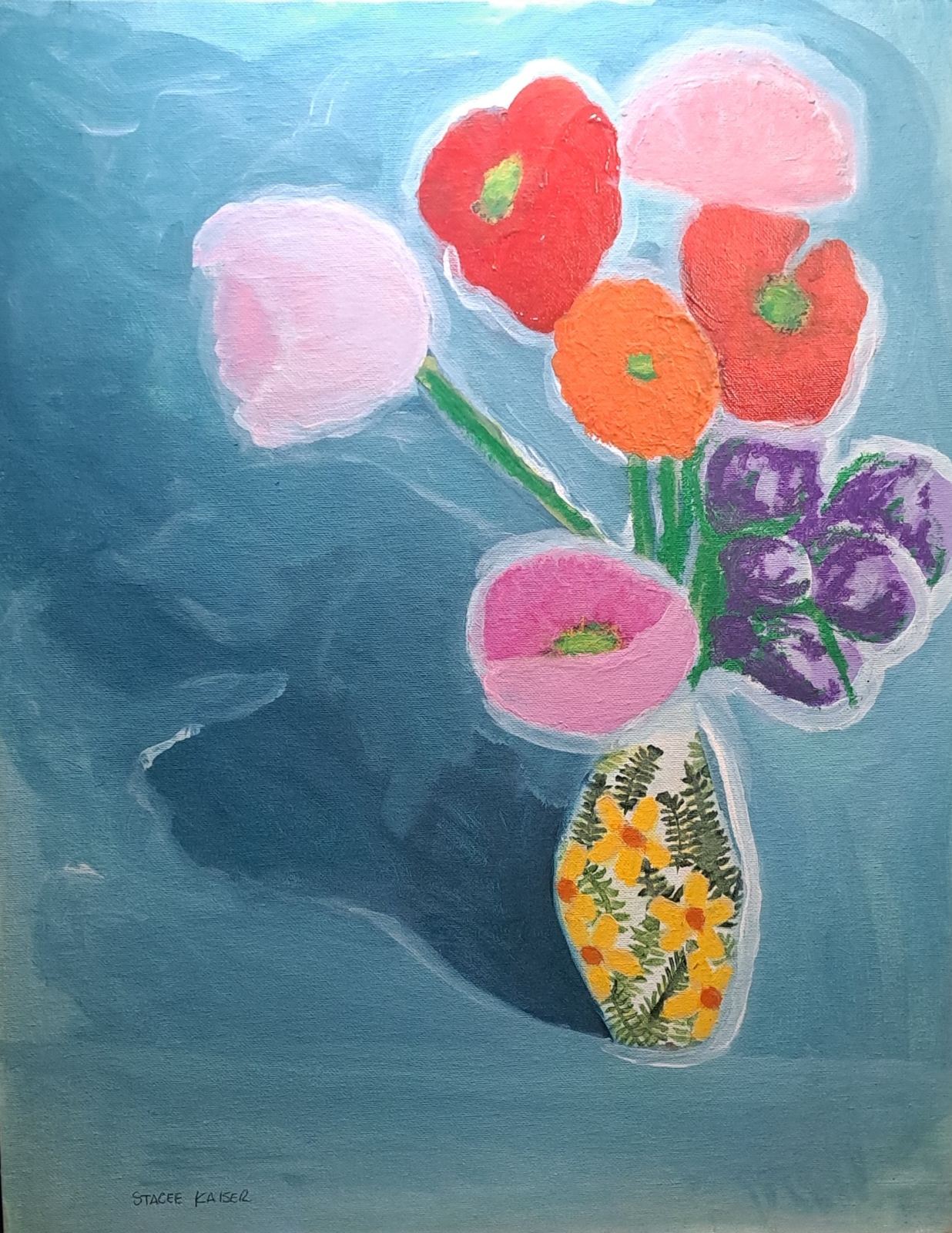 Acrylic painting of colorful flowers in a patterned vase