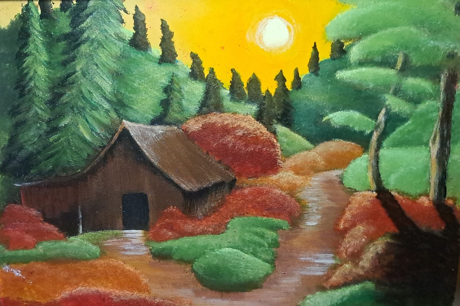 Pastel painting of a forest cabin beside a stream at sunrise