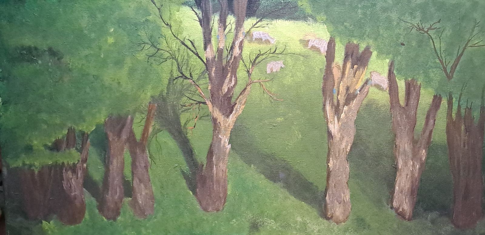 Oil painting of bare trees along a sunlit green pasture with grazing sheep