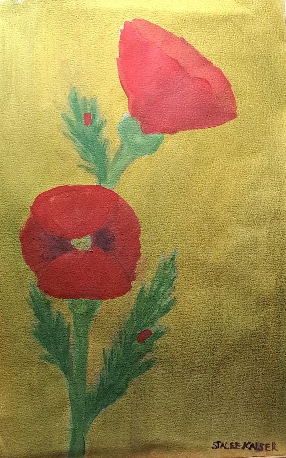 Watercolor painting of a red poppy on a golden background