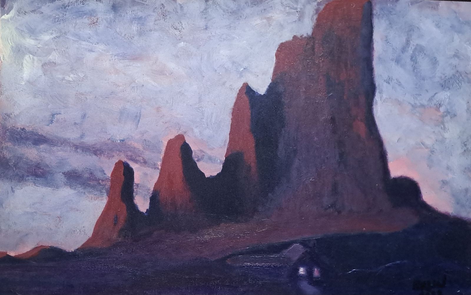 Oil painting of red rock canyon spires under a hazy sky