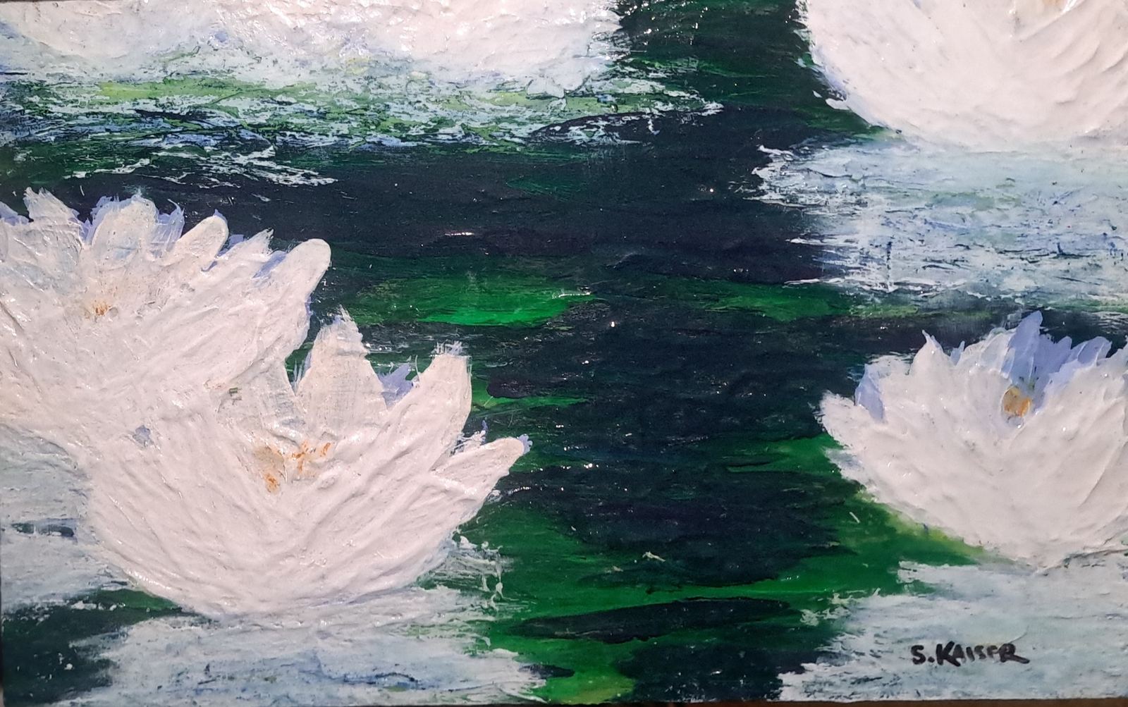 Textured painting of white water lilies on dark green water