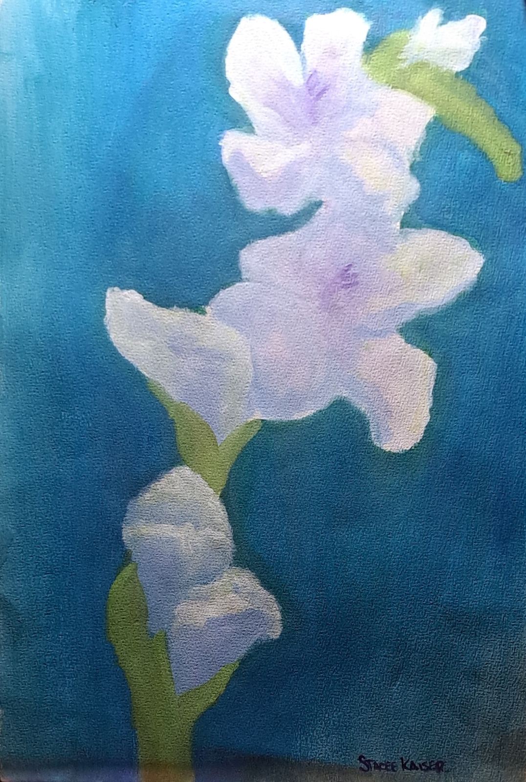 Watercolor painting of white blossoms against a deep blue background